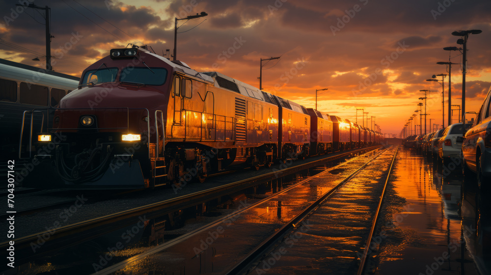 Nightfall on the Urban Railway: Exploring the City's Steel Tracks and Transporting Cargo under the Sunset Sky, generative AI Nightfall on the Urban Railway: Exploring the City's Steel Tracks and Transporting Cargo under the Sunset Sky, generative AI