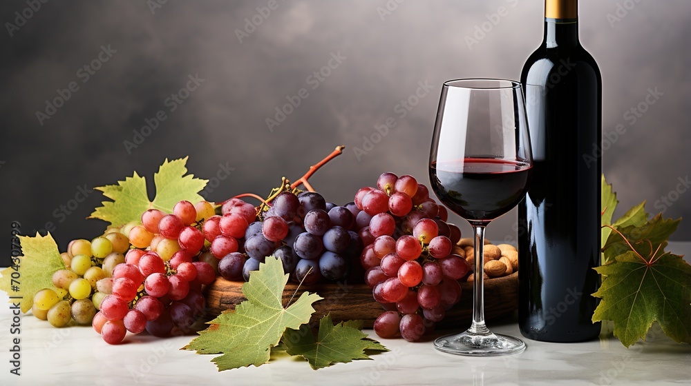 Red and white grapes with a glass of red wine