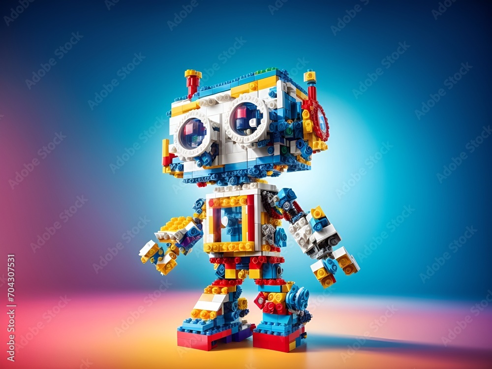 a charming robot constructed entirely from large LEGO bricks - obrazy, fototapety, plakaty 