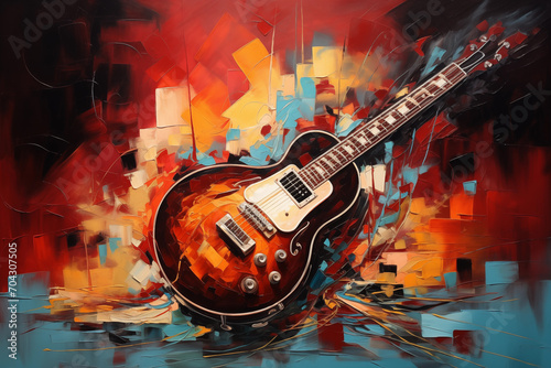 Oil Painting of Artists Music Guitar on Canvas Sanriocore Vibrancy with Dark Turquoise and Brown Palette photo