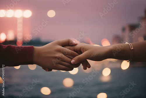 Young love couple pinky promise or pinky swear. Young couple holding hands, AI Generative photo