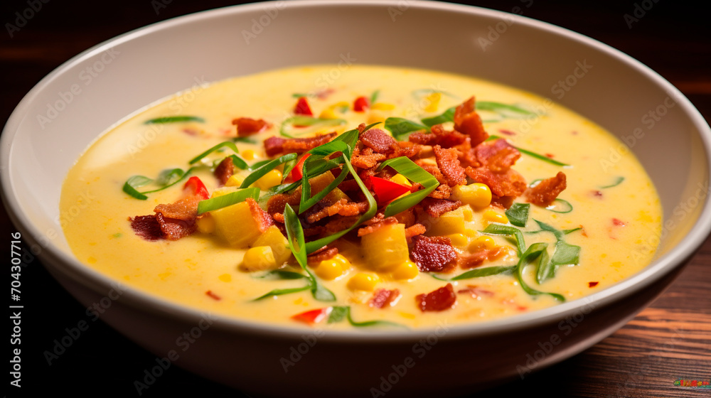 cream soup with corn and bacon. Selective focus.