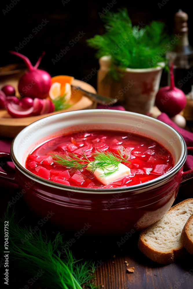 Red borscht in a plate. Selective focus. Red borscht in a plate. Selective focus.