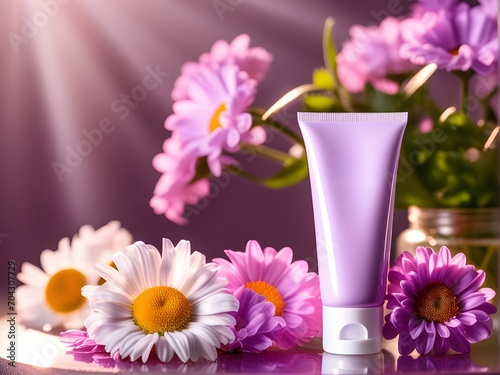 one cosmetic cream container tube mockup product photograph in purple color, purple, pink and white daisy background decorations, sunlight beams  in lighting