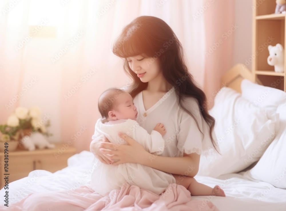 Asian mother hugs cute newborn baby, wear clean white clothes Asian mother hugs cute newborn baby, wear clean white clothes