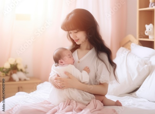 Asian mother hugs cute newborn baby, wear clean white clothes
