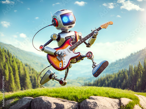 a vibrant cute robot playing a guitar