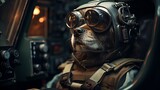 A dog wearing a helmet sits in the cockpit of an airplane