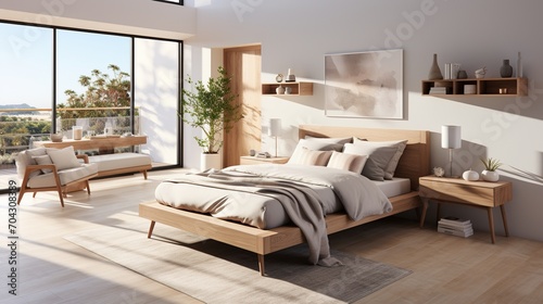 Modern bedroom interior with large windows and wooden furniture