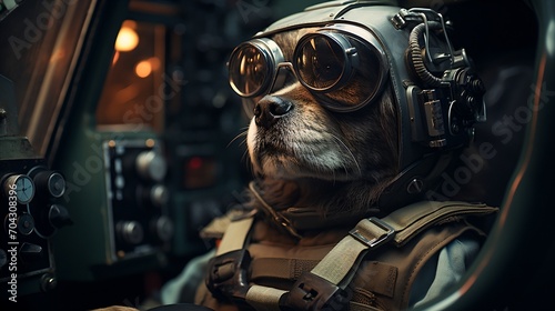 A dog wearing a helmet sits in the cockpit of an airplane photo