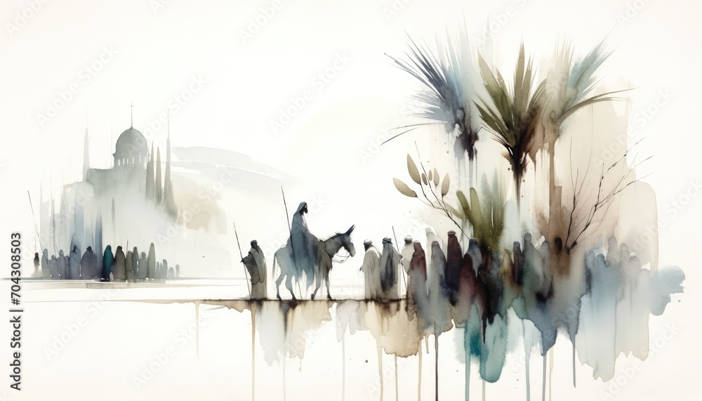 Naklejka premium Palm sunday. Christ's triumphal entry into Jerusalem. Silhouette of a man riding a donkey on a background of palm trees. Watercolor illustration.