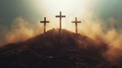 Three crosses on top of the hill in the mist. 