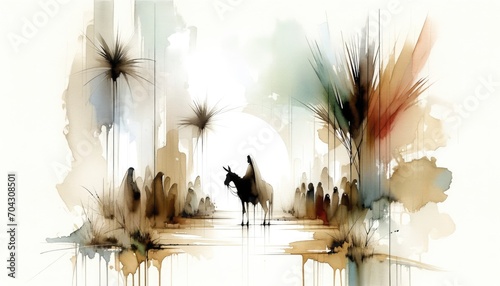 Palm sunday. Christ's triumphal entry into Jerusalem. Silhouette of a man riding a donkey on a background of the city. Watercolor illustration. photo