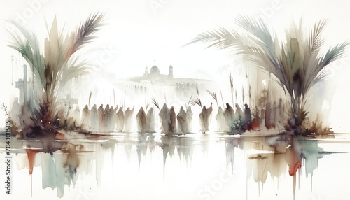 Palm sunday. Christ's triumphal entry into Jerusalem. Silhouette of a crowd of people on the background of palm trees and ancient city.
