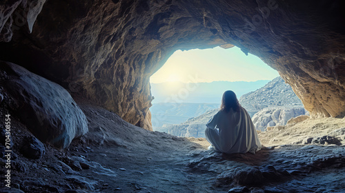 Resurrection. Jesus Christ sitting in the burial cave. photo