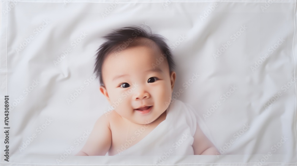 Baby wearing white clothes and sleeping in bed with white sheets Baby wearing white clothes and sleeping in bed with white sheets