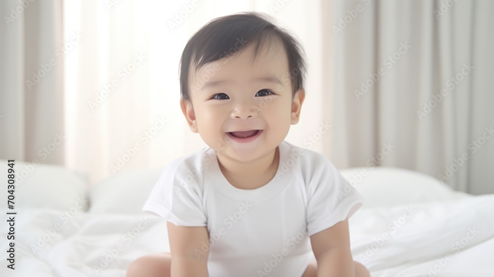 Baby wearing white clothes and sleeping in bed with white sheets Baby wearing white clothes and sleeping in bed with white sheets