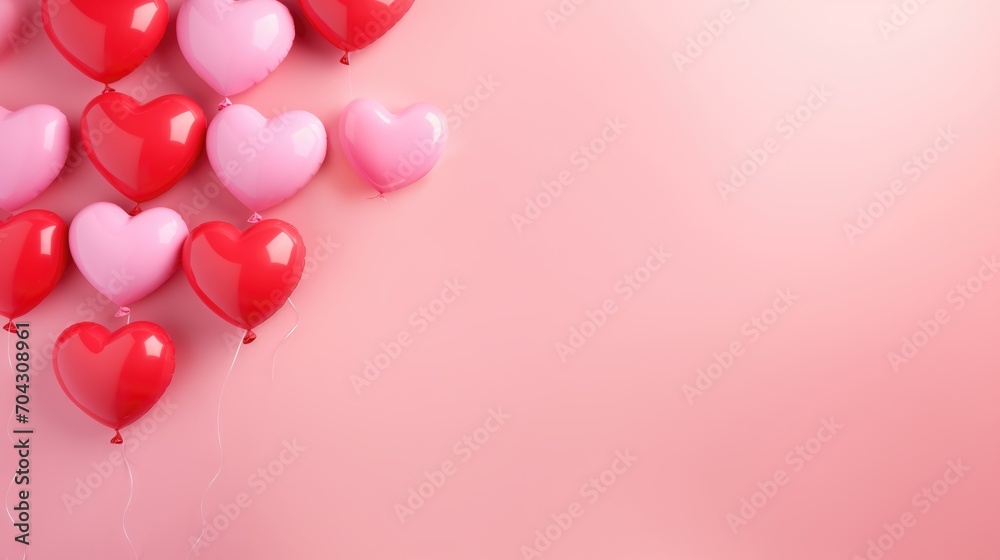 Valentine's day, bachelorette, wedding, birthday or party background with pink, red and white balloons in the form of red and white hearts on pink background.