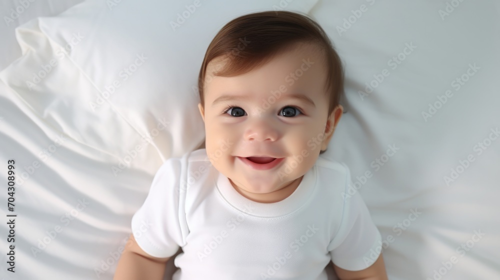 Baby wearing white clothes and sleeping in bed with white sheets Baby wearing white clothes and sleeping in bed with white sheets