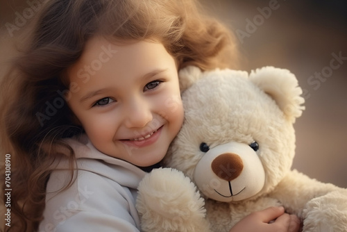 A beautiful and cute little girl in light clothes playing with a teddy bear