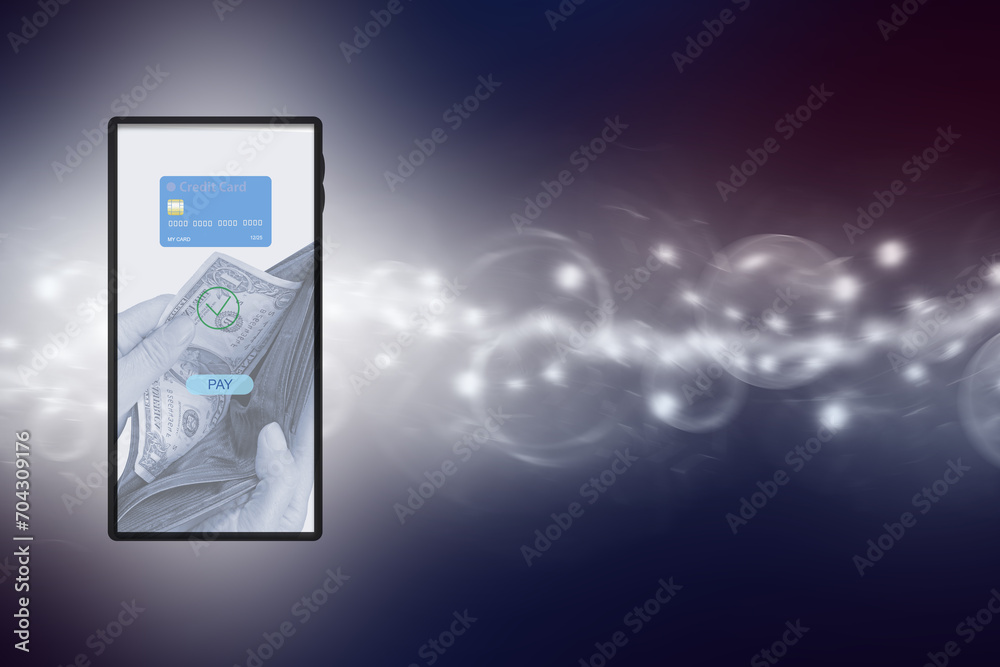Smartphone with photo of cash pay at monitor. Online banking concept. There is enough space for your use in the photo. Smartphone with photo of cash pay at monitor. Online banking concept. There is enough space for your use in the photo.