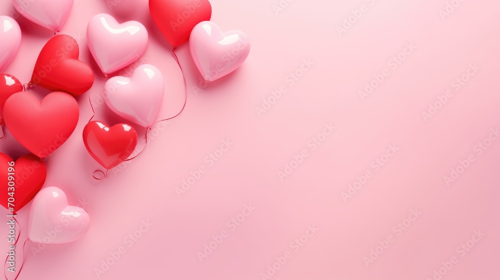 Valentine's day, bachelorette, wedding, birthday or party background with pink, red and white balloons in the form of red and white hearts on pink background.