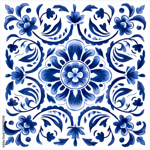 Ethnic folk ceramic tile in talavera style with navy blue floral ornament. Italian pattern, traditional Portuguese and Spain decor. Mediterranean porcelain pottery isolated on white background