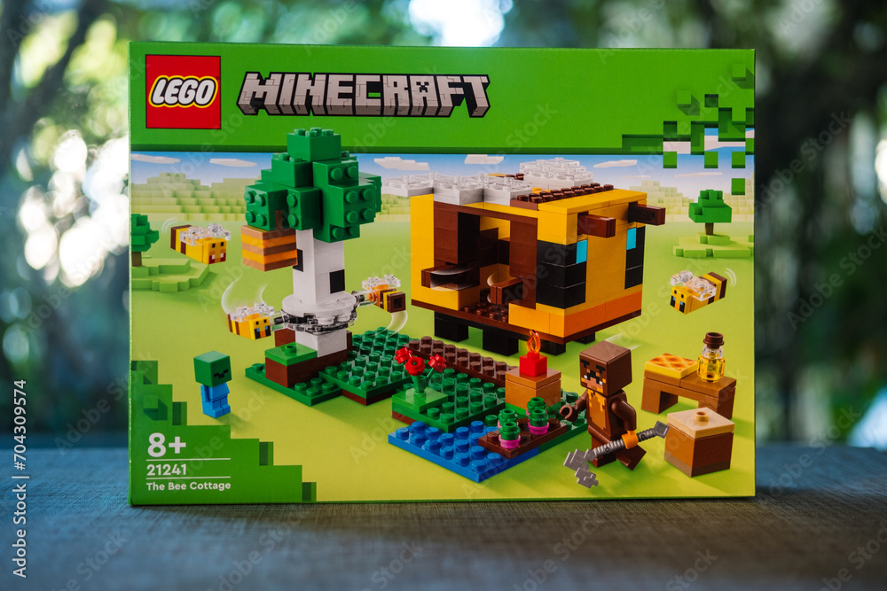 Obraz premium Bangkok, Thailand - January 7, 2024 : A box of LEGO Minecraft The Bee Cottage number of 21241. Action-packed set featuring Minecraft iconic bees. Lego is a popular line of construction