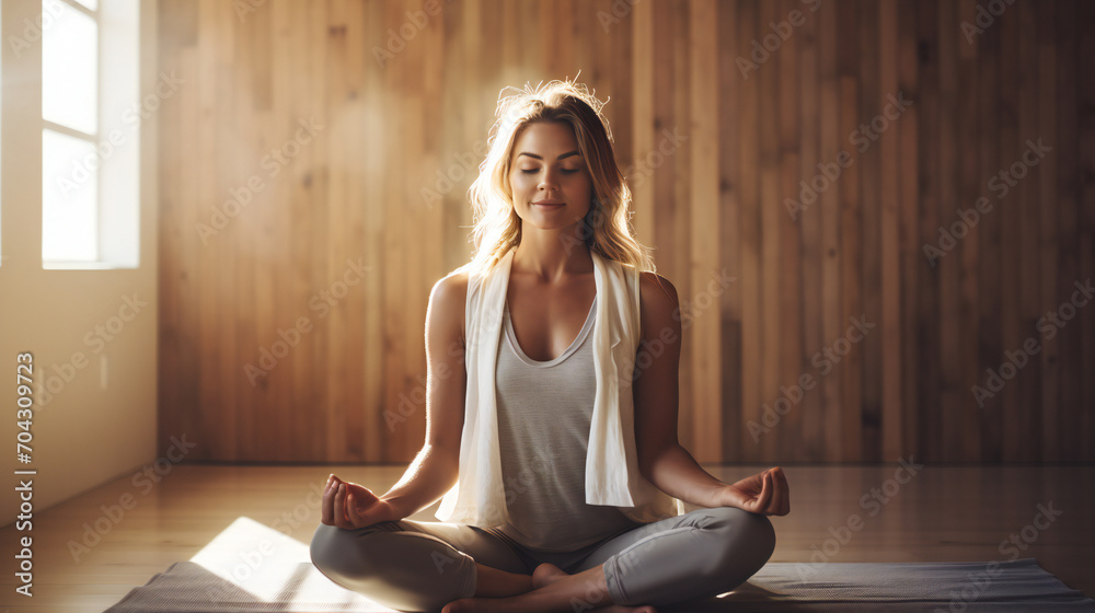 Portrait of a satisfied yoga studio owner instructor in yoga pose. Self care, relax, meditation Portrait of a satisfied yoga studio owner instructor in yoga pose. Self care, relax, meditation