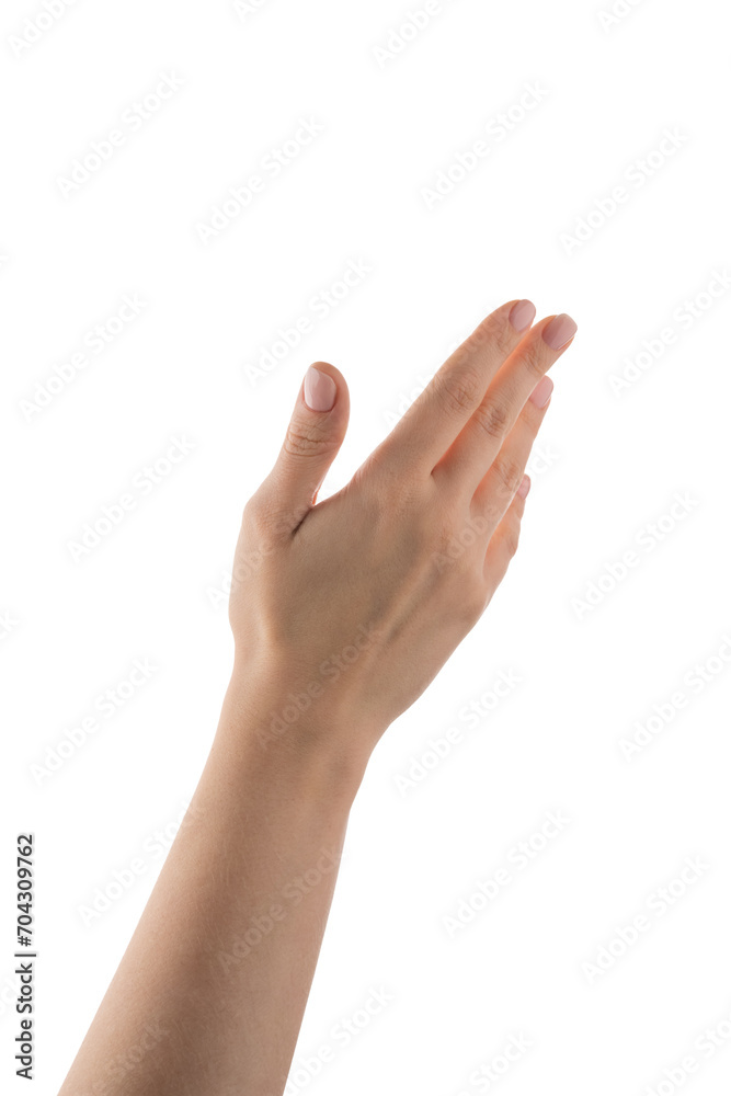 Young woman hand reaching or holding something isolated on white background Young woman hand reaching or holding something isolated on white background