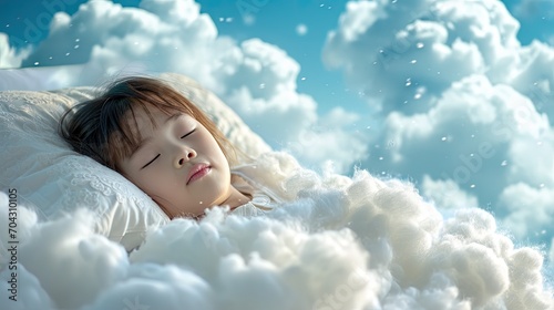 cute asian kid sleeping peacefully on a bed of clouds