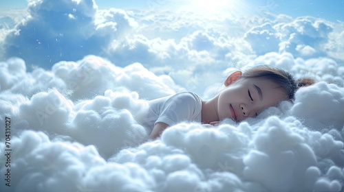 cute asian kid sleeping peacefully on a bed of clouds photo