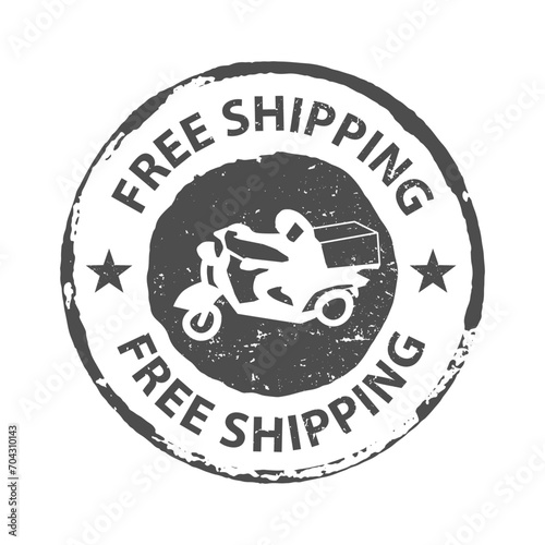 Stamp grunge rubber free shipping in gray.  Seal of free shipping  with  human on motorcycle for your web site design, app, UI.  Seal with Grunge texture.  EPS10. photo