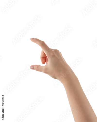 Young woman hand holding something with fingers isolated on white background