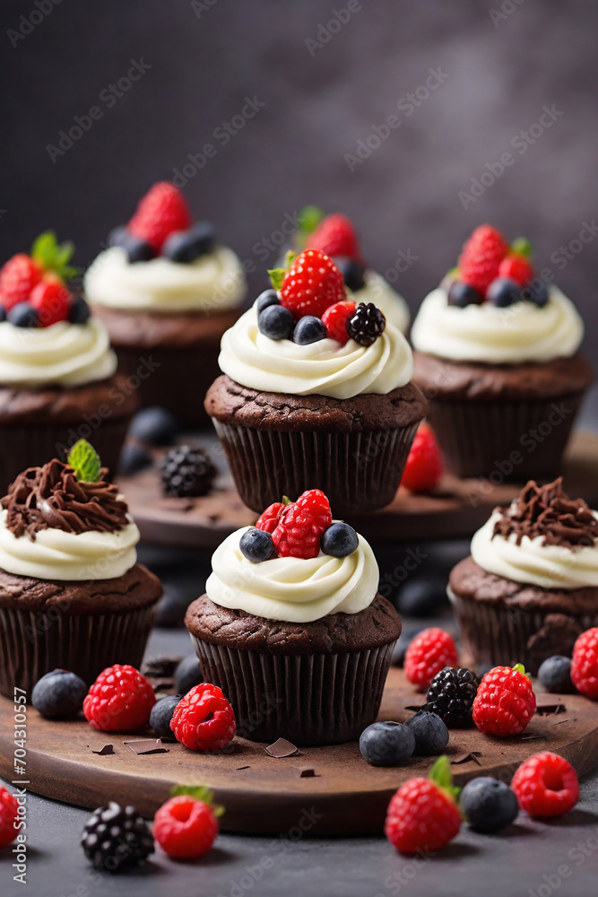 Chocolate cupcakes with fresh berries and whipped cream on dark background