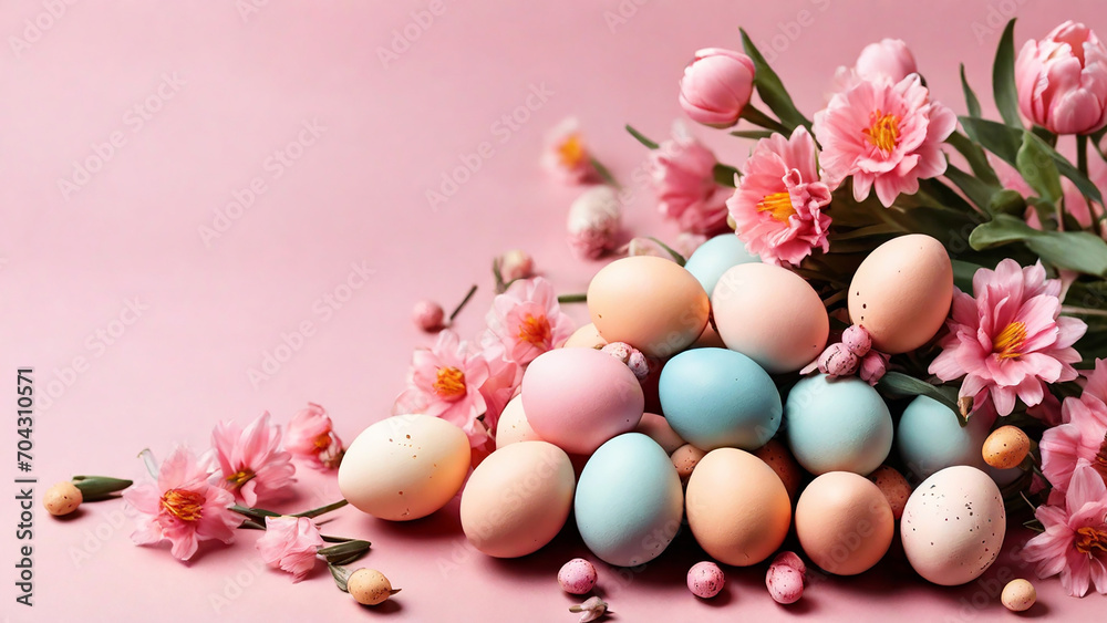 Easter eggs and spring flowers on pink background. Copy space.