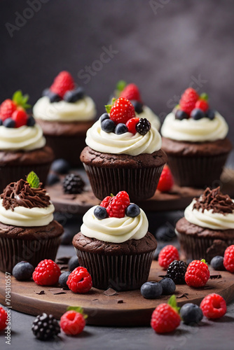 Chocolate cupcakes with fresh berries and whipped cream on dark background