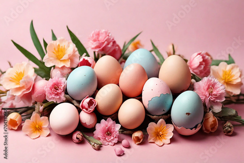 Colorful Easter eggs in nest and flowers on pink background, closeup
