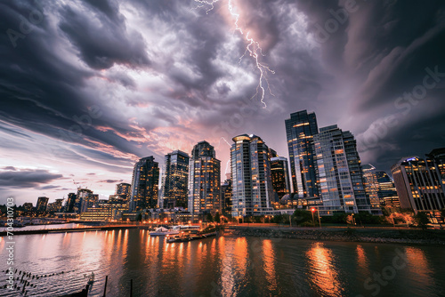 Dramatic cityscape with lightning striking above modern skyscrapers during a picturesque stormy sunset.