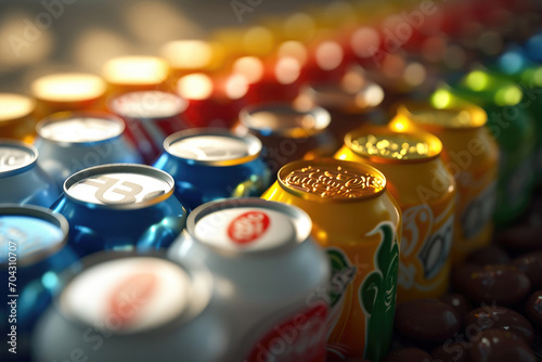 Colorful soda cans in rows showcasing a variety of refreshing beverage choices, perfect for food and drink themes.