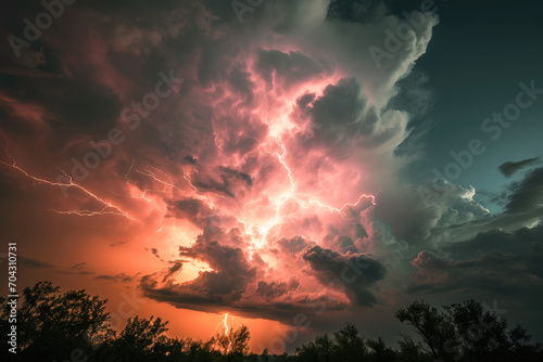 Dramatic thunderstorm with lightning strikes illuminating the clouds at dusk, showcasing nature's power and beauty.