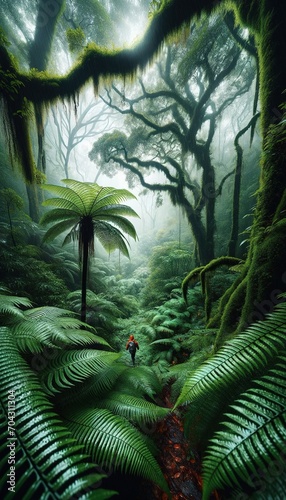 A hiker is alone in the rainforest