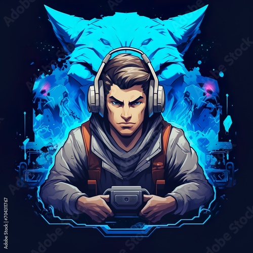 trending gamer art logo ideas man wearing hoodies with controller deadly background AI 