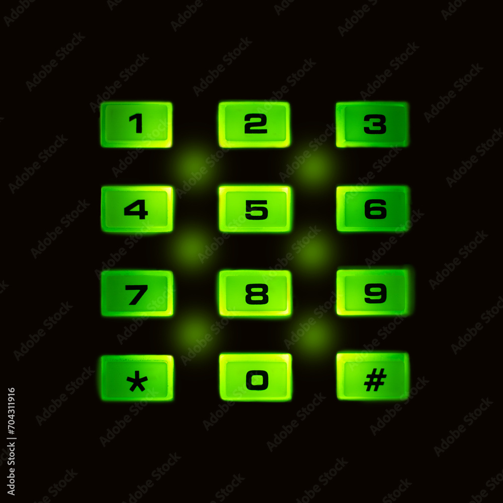 Numeric keypad on a black background. The buttons glow green. Square. Close-up. Background. Numeric keypad on a black background. The buttons glow green. Square. Close-up. Background.