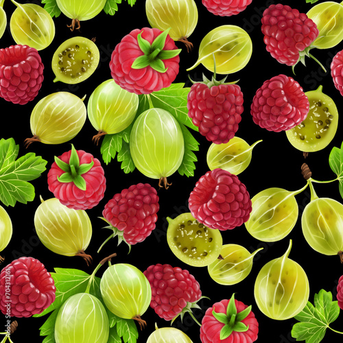Fototapeta Naklejka Na Ścianę i Meble -  Seamless pattern of green gooseberries and ripe raspberries, drawn in colored pencil. Graphic texture on a black background for packaging, fabric and wallpaper