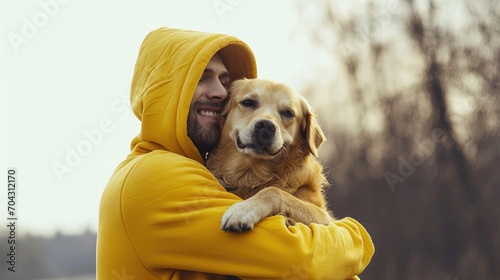 a guy in a yellow hoodie carrying a dog in his arms