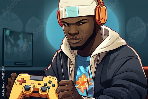 black cool guy gamer holding game controller in cartoon style with amazing background logo style AI