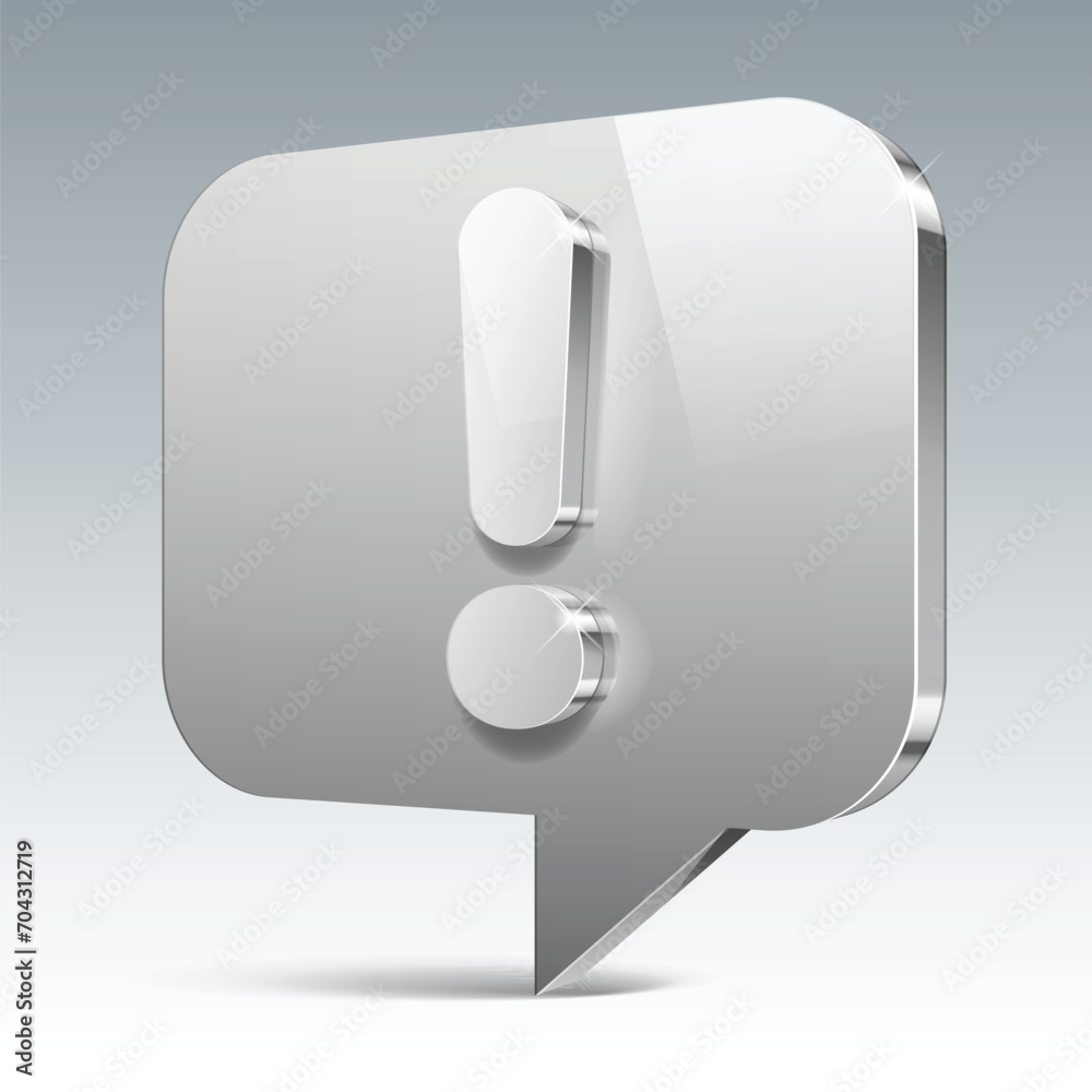 3d silver glossy danger or attention sign. Red icon exclamation point notifications alert warning. 3d icon glass and metal. Vector illustration