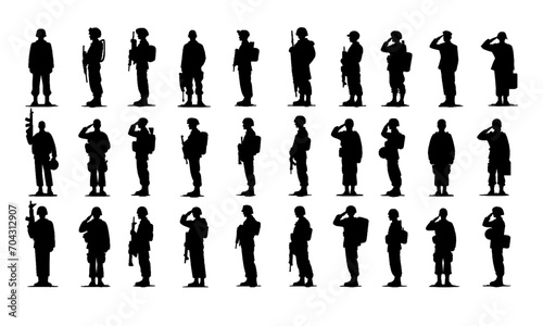 military silhouettes set all different poses, army black and white silhouettes set photo