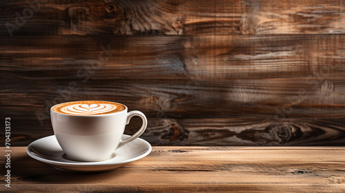 Close-up of freshly brewed latte in coffee cup on wooden rustic background
